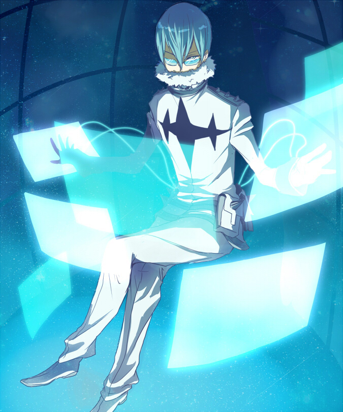 1boy blue_hair crossed_legs crossed_legs_(sitting) glasses holographic_interface holographic_touchscreen inumuta_houka kill_la_kill male satsuki_(zen05) sitting solo uniform