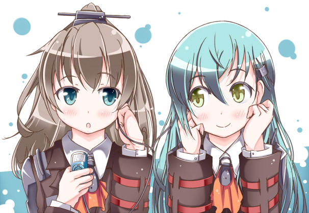 1girl 2girls aqua_eyes aqua_hair brown_hair digital_media_player earphones hair_ornament hairclip kantai_collection kumano_(kantai_collection) long_hair looking_at_another mad_(hazukiken) multiple_girls personification ponytail shared_earphones skirt suzuya_(kantai_collection) thigh-highs