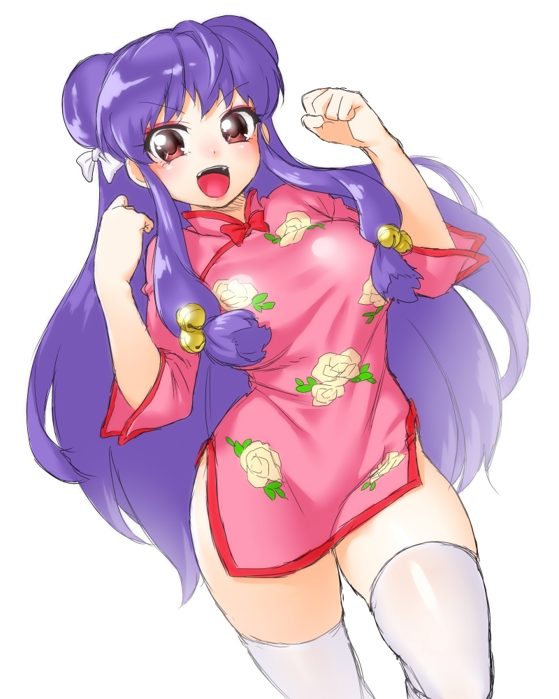 1girl bell breasts china_dress chinese_clothes double_bun hair_bell hair_ornament jingle_bell long_hair looking_at_viewer onsoku_maru purple_hair ranma_1/2 red_eyes shampoo_(ranma_1/2) simple_background smile solo thighhighs white_background white_legwear