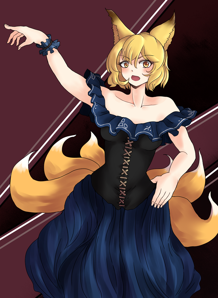 1girl alternate_costume animal_ears bare_shoulders blonde_hair breasts cleavage dress fox_ears fox_tail hand_on_hip hat multiple_tails open_mouth short_hair solo tail toluda touhou yakumo_ran yellow_eyes