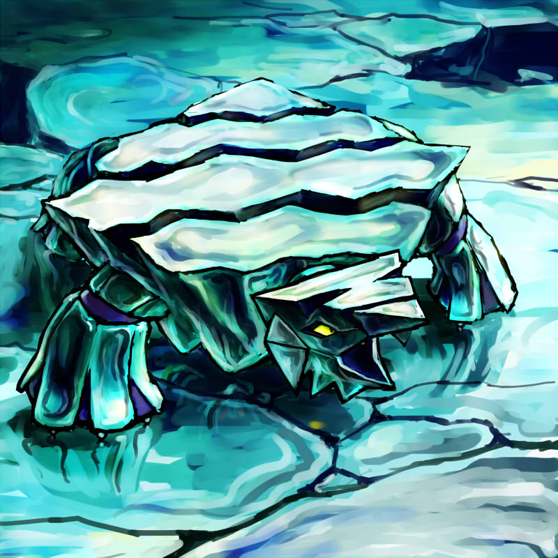 avalugg blue gen_6_pokemon ice kaosu0905 looking_up monster mouth no_humans open_mouth pokemon pokemon_(game) reflective_floor solo yellow_eyes