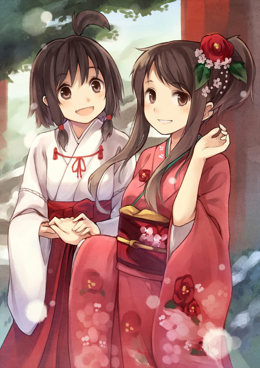 2girls :d ahoge brown_eyes brown_hair bunches fang flower hair_flower hair_ornament hakama highres holding_hands japanese_clothes kimono kyuri miko multiple_girls open_mouth original parted_lips payot side_ponytail smile tree