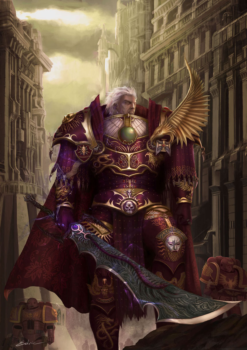 1boy artist_name city fulgrim highres luffie ornate ornate_armor sky space_marines sword warhammer_40k weapon white_hair wings