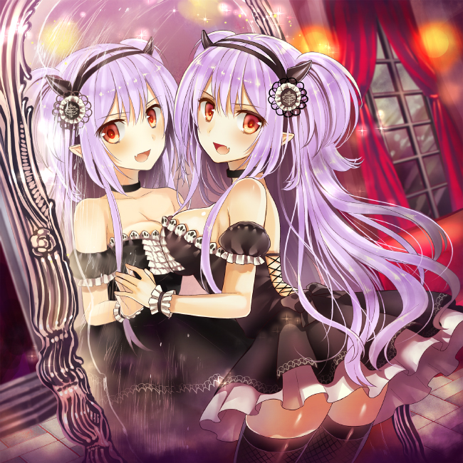 1girl against_glass blush breasts brown_eyes choker dress fang hairband himedatsu!_dungeons_lord large_breasts lavender_hair lolita_fashion long_hair mirror official_art pointy_ears sideboob smile solo thighhighs twintails very_long_hair wrist_cuffs yuuki_rika zettai_ryouiki