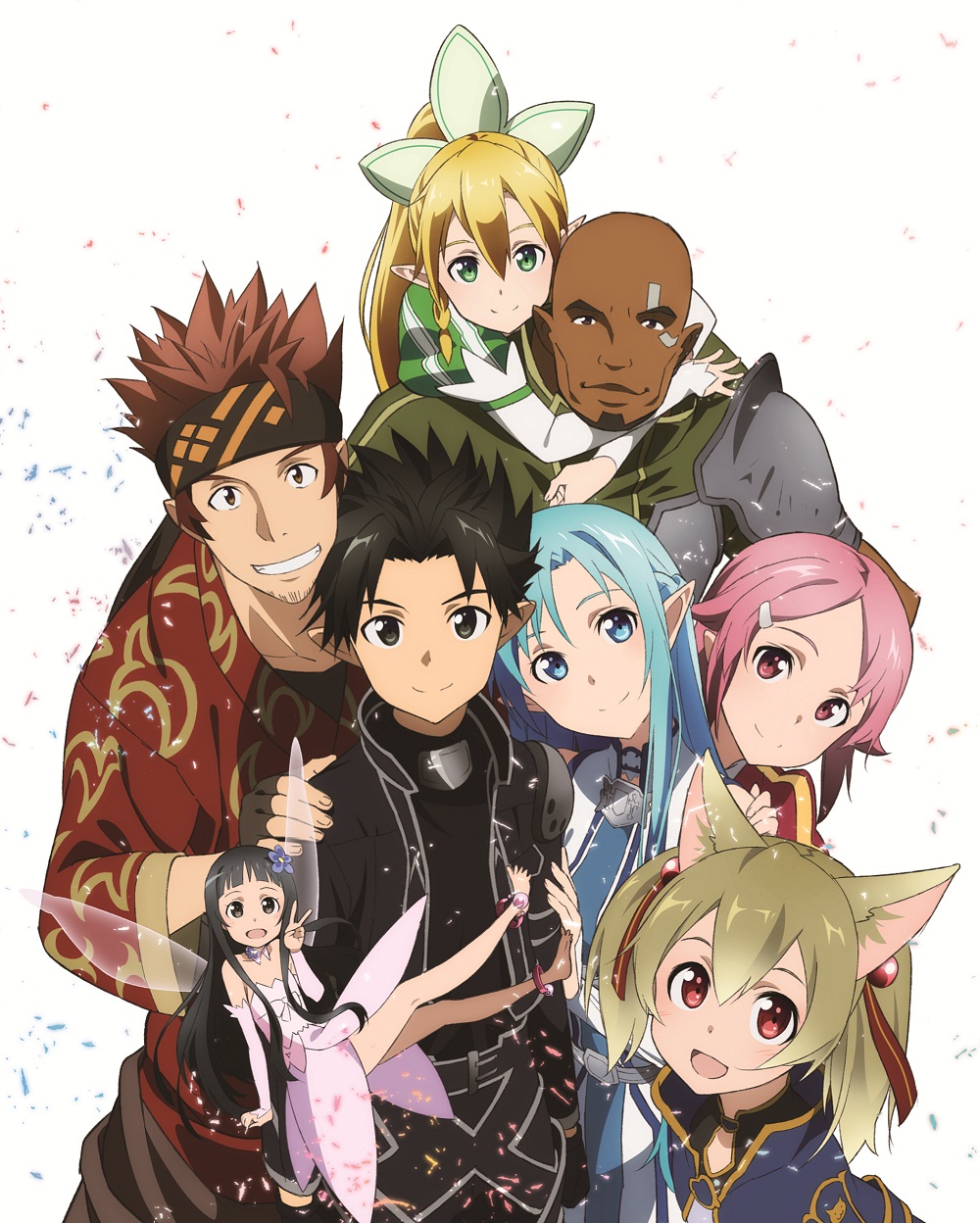 3boys 5girls :d agil aincrad asuna_(sao) asuna_(sao-alo) fairy grin highres hug kirito kirito_(sao-alo) klein leafa lisbeth lisbeth_(sao-alo) minigirl multiple_boys multiple_girls official_art open_mouth pointy_ears silica silica_(sao-alo) smile sword_art_online yui_(sao) yui_(sao-alo) yuuki_asuna