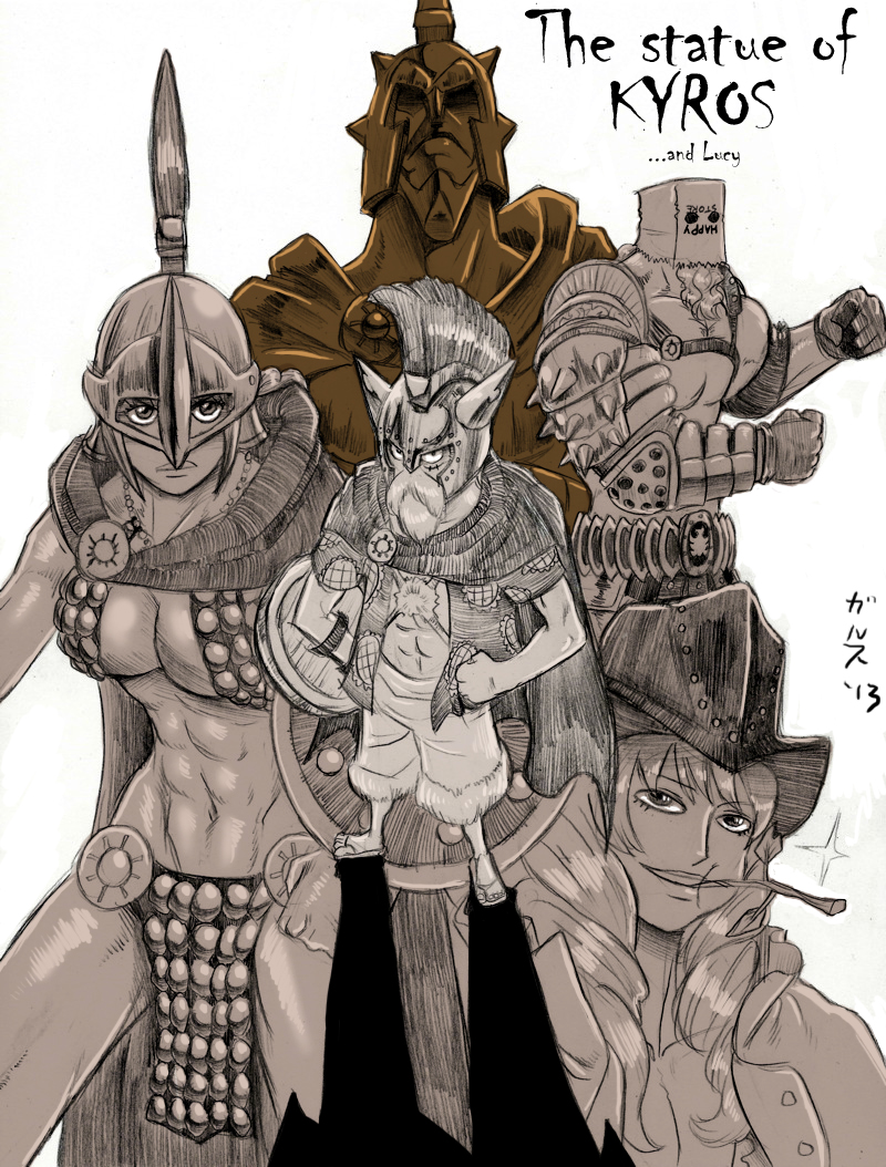 1girl 2013 4boys abs armor bag beard bikini_armor breasts cape cavendish character_name cleavage cowboy_hat disguise eating elbow_pads english facial_hair fake_beard fighting_stance flower fur_trim garththedestroyer gladiator gloves hat hawaiian_shirt helmet jesus_burgess kyros long_hair monkey_d_luffy monochrome multiple_boys multiple_monochrome navel one_piece open_clothes open_shirt paper_bag plume rebecca_(one_piece) sandals scar shield shorts signature spaulders