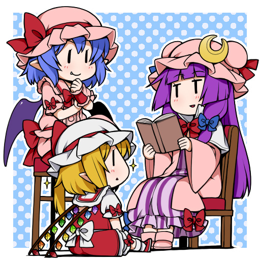 3girls :&lt; bat_wings blonde_hair blue_hair book capelet crescent dress eichi_yuu fang flandre_scarlet hair_ribbon long_hair long_sleeves mob_cap multiple_girls open_clothes open_coat open_mouth patchouli_knowledge pink_dress pointy_ears polka_dot polka_dot_background puffy_sleeves purple_dress purple_hair reading red_dress remilia_scarlet ribbon sash short_sleeves siblings side_ponytail sisters sitting smile sparkle stool striped striped_dress touhou tress_ribbon very_long_hair wide_sleeves wings wrist_cuffs |_|