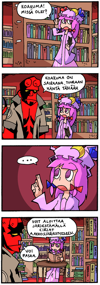 4koma book bookshelf bow comic crossover finnish hellboy hellboy_(comic) library no_pupils patchouli_knowledge purple_hair red_skin setz touhou violet_eyes voile yellow_eyes yellow_sclera