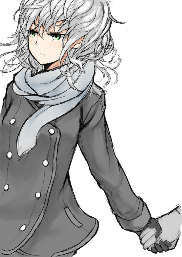 1girl azure_luna coat gloves green_eyes holding_hands looking_away messy_hair original scarf short_hair simple_background solo_focus white_background white_hair winter_clothes