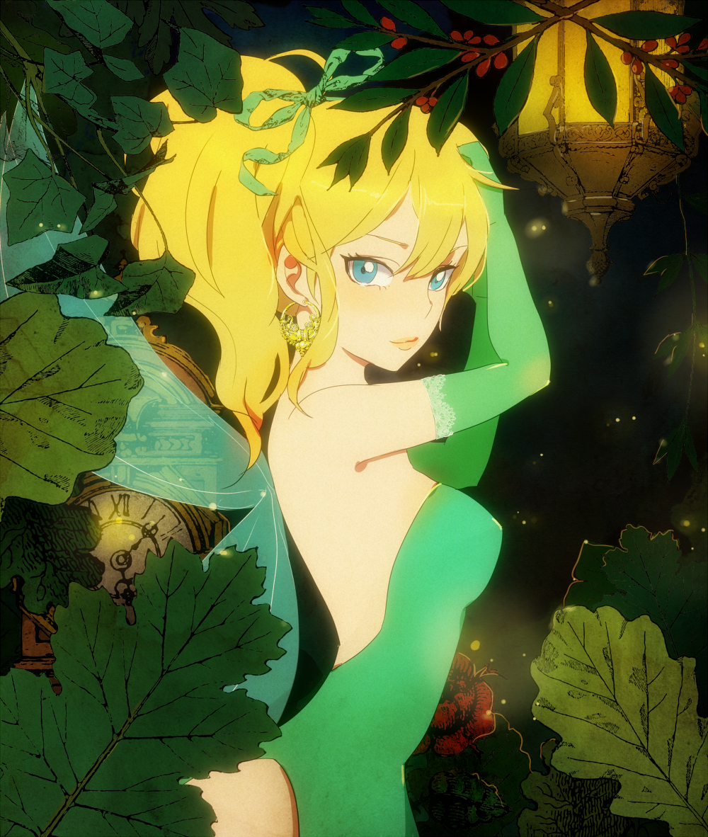 1girl armpits asdge23 bangs bare_shoulders blonde_hair blue_eyes bow earrings ears elbow_gloves evening_gown eyelashes fairy fairy_wings flower gloves glowing hair_bow hair_ornament jewelry leaf looking_at_viewer nose payot ponytail solo tinkerbell wings
