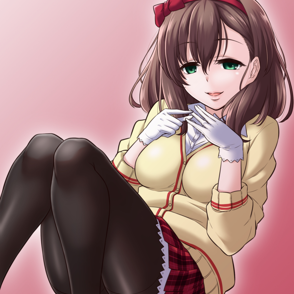 1girl brown_hair empty_eyes gloves green_eyes hair_ribbon idolmaster idolmaster_cinderella_girls long_hair looking_at_viewer open_mouth pantyhose plaid plaid_skirt ribbon sakuma_mayu shouji_2 skirt smile solo white_gloves