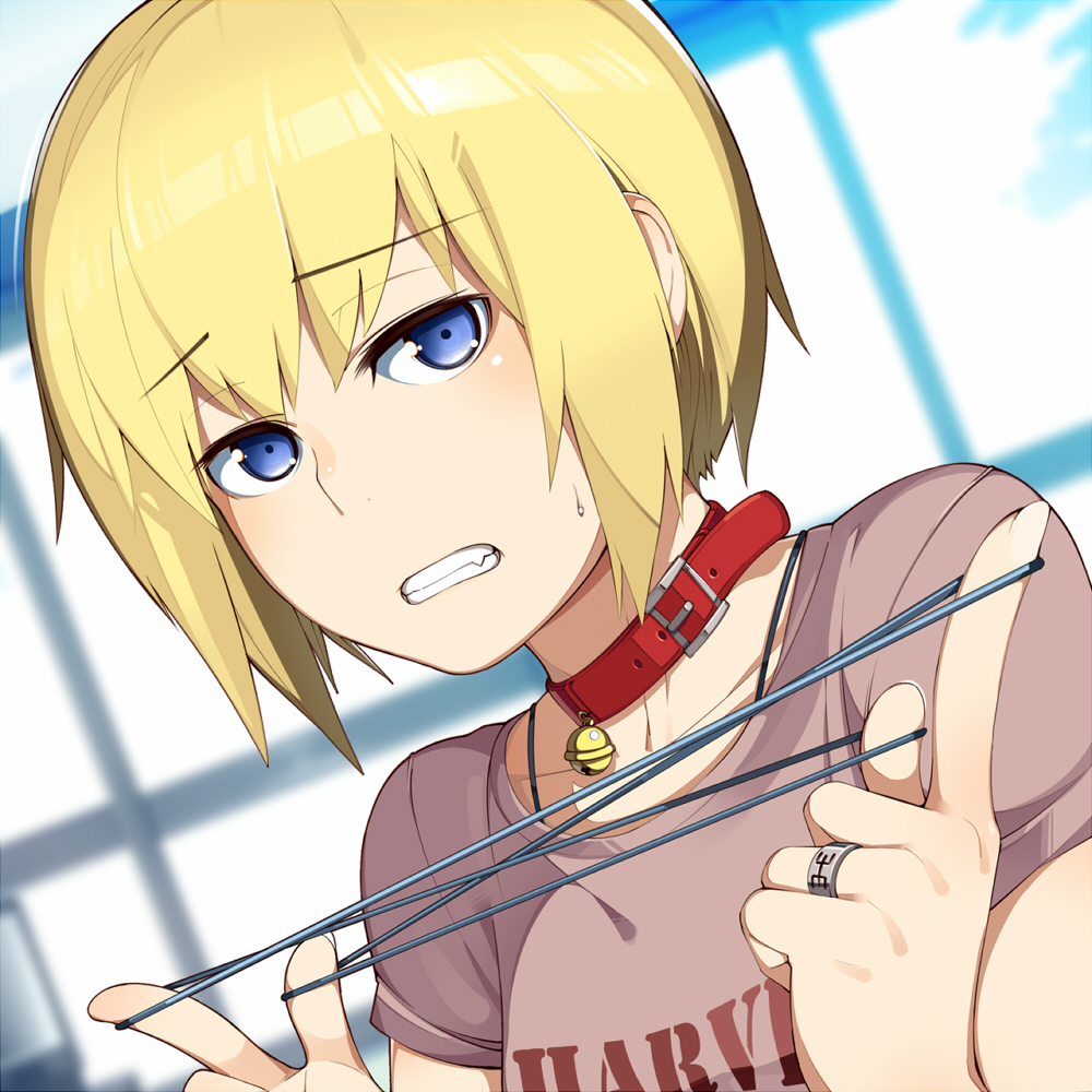 bell blonde_hair blue_eyes clenched_teeth collar donarudo dutch_angle fang jewelry jingle_bell kon_futaba ring rubber_band short_hair soredemo_machi_wa_mawatteiru sweatdrop t-shirt window