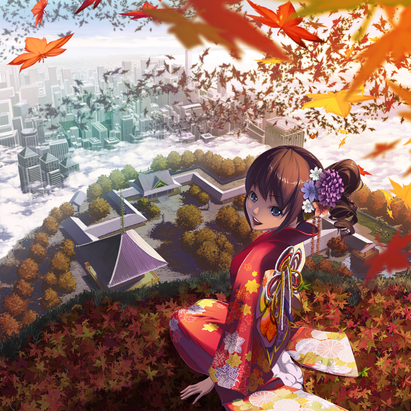 1girl brown_hair building clouds flower hair_ornament japanese_clothes kimono leaf looking_back maple_leaf open_mouth original sky solo takanori_yamada temple tree