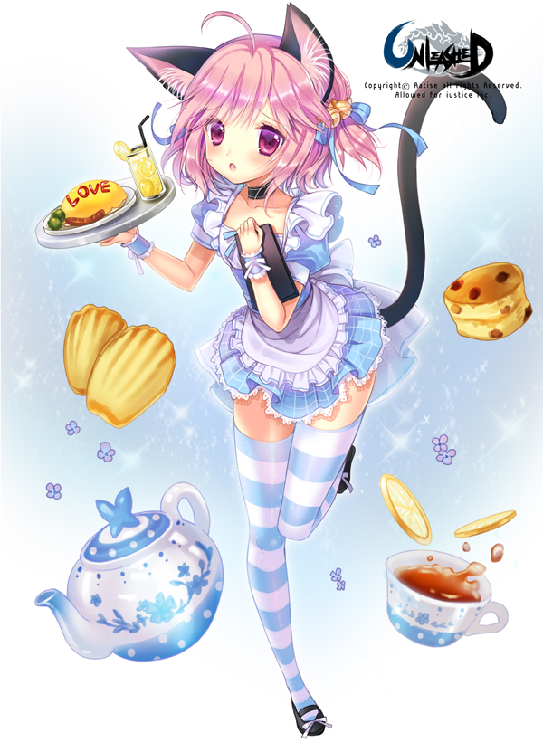 ahoge animal_ears bell blush cat_ears cat_tail choker cup dress fang food fruit hair_ribbon jingle_bell lemon lemon_slice mary_janes omurice pastry pink_eyes pink_hair ratise ribbon shoes short_hair standing_on_one_leg striped striped_legwear tail teacup teapot thighhighs tray two_side_up unleashed waitress wrist_cuffs zettai_ryouiki