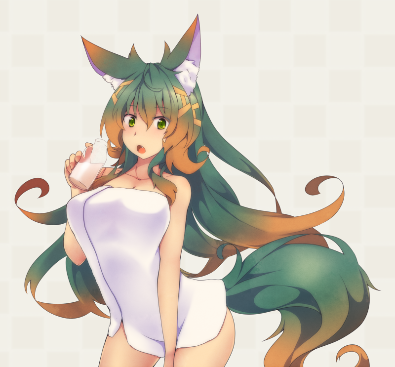 1girl animal_ears blush brown_hair fang gradient_hair green_eyes green_hair hair_ornament holding jar kuromiya kuromiya_raika long_hair milk multicolored_hair naked_towel open_mouth original simple_background solo tail towel