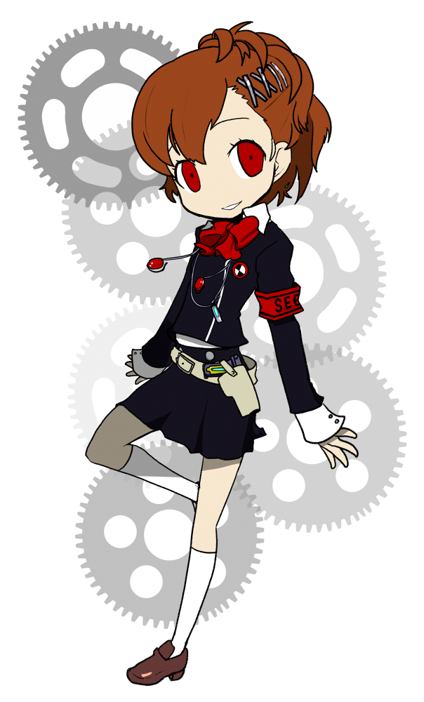 1girl armband brown_hair chibi daizan_(mount_position) evoker female_protagonist_(persona_3) gears hair_ornament hairclip headphones headphones_around_neck holster kneehighs loafers persona persona_3 persona_3_portable persona_q red_eyes s.e.e.s school_uniform shoes short_hair skirt solo