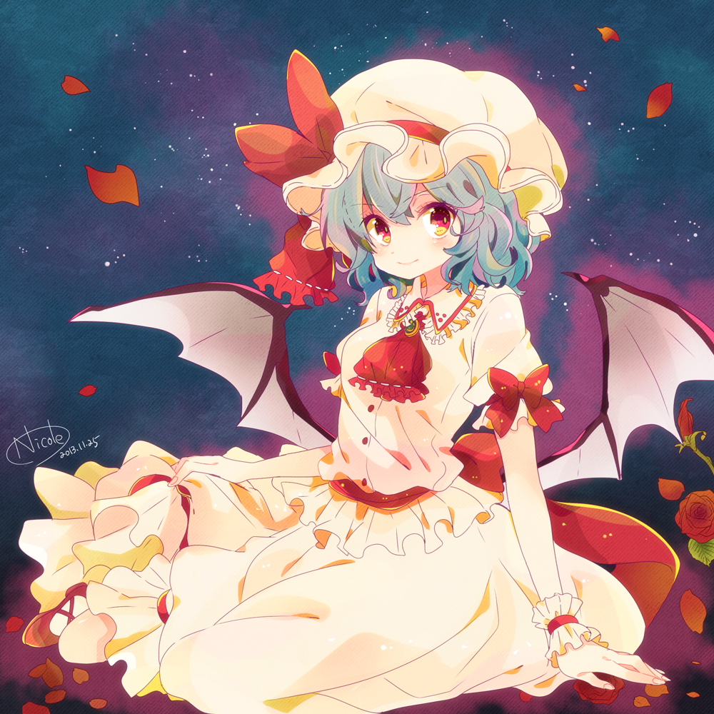 1girl artist_name ascot aura bat_wings blue_hair brooch dated dress flower hat hat_ribbon jewelry looking_at_viewer mob_cap nicole_(usako) petals puffy_sleeves red_eyes red_rose remilia_scarlet ribbon rose sash short_sleeves signature sitting smile solo touhou white_dress wings wrist_cuffs