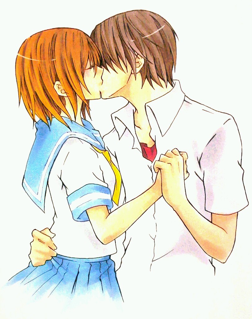 1boy 1girl brown_hair closed_eyes couple ginnoturu higurashi_no_naku_koro_ni holding_hands kiss maebara_keiichi orange_hair ryuuguu_rena school_uniform serafuku short_hair simple_background white_background