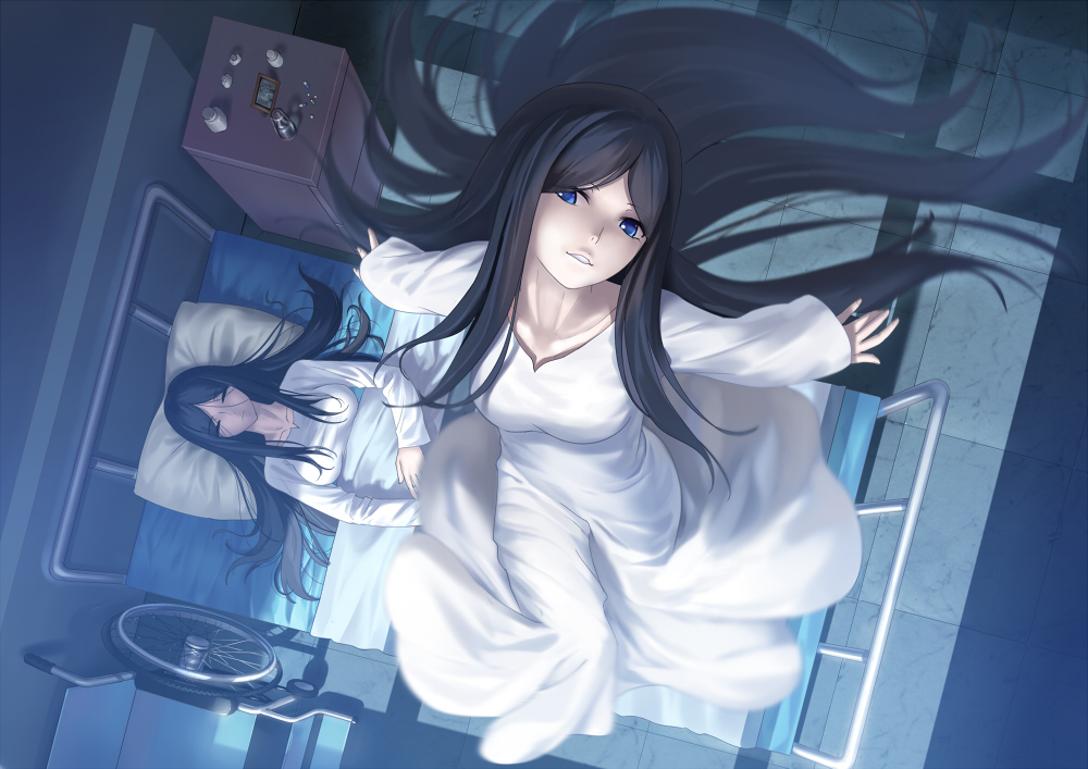 bed black_hair blue_eyes closed_eyes collarbone dual_persona floating from_above fujou_kirie ghost hospital hospital_bed hospital_gown kara_no_kyoukai long_hair looking_at_viewer lying picture_(object) pillow tsukikanade very_long_hair wheelchair