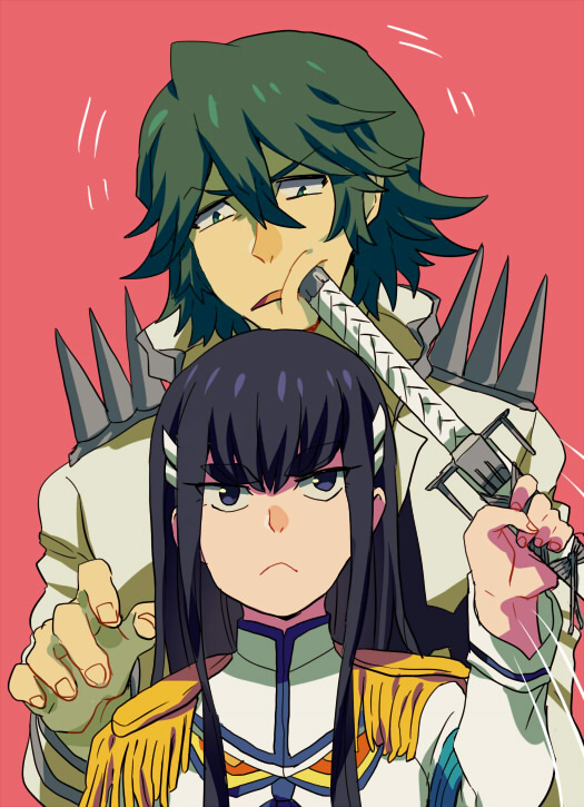 1boy 1girl black_hair cheek_poking green_hair height_difference junketsu kill_la_kill kiryuuin_satsuki sanageyama_uzu shinonoko_(tubamecider) sword weapon