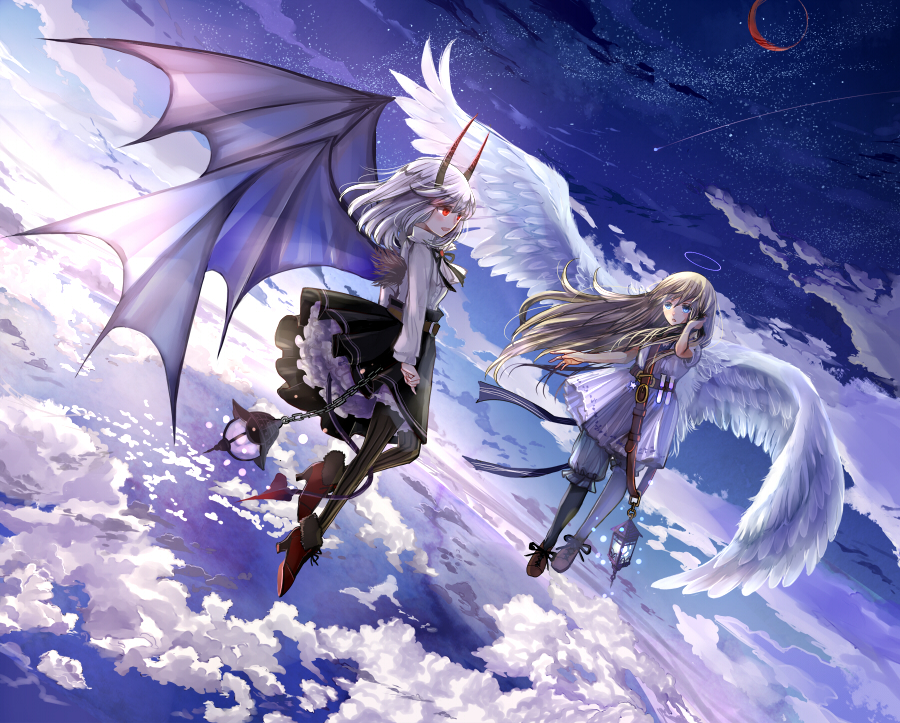 2girls aiha-deko angel blonde_hair blue_eyes clouds devil floating halo horn lantern long_hair multiple_girls original red_eyes short_hair sky white_hair wings