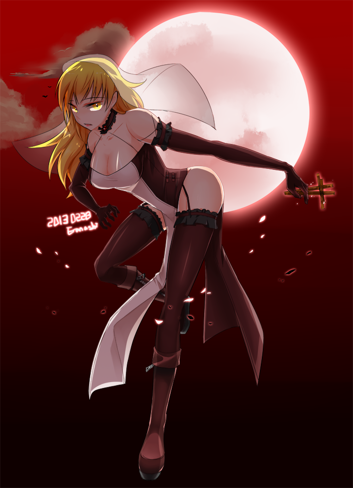 1girl artist_name bare_shoulders black_gloves blonde_hair boots breasts choker cleavage cross dated dress elbow_gloves erunashi full_moon garter_straps gloves knee_boots long_hair moon original red_moon side_slit thighhighs veil yellow_eyes