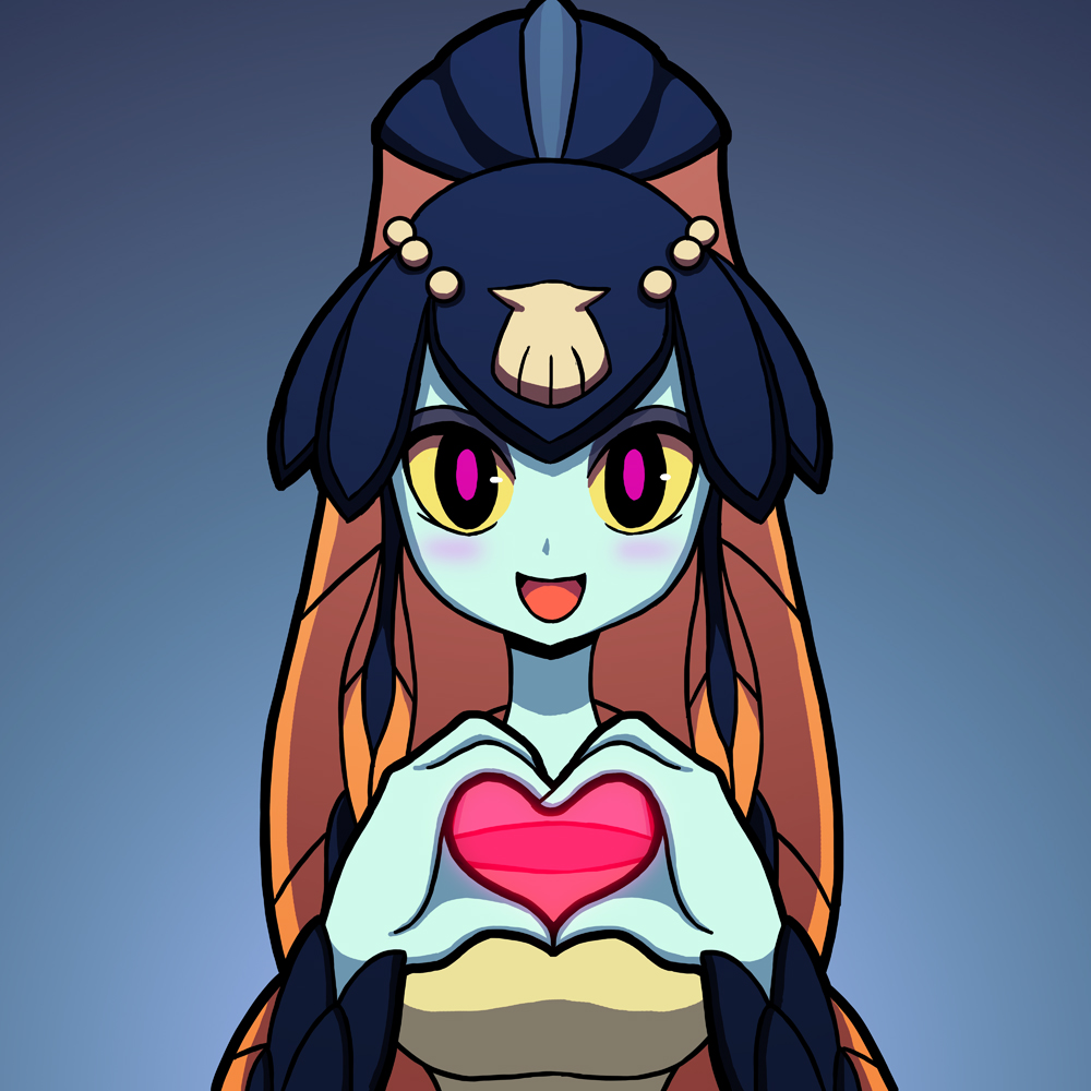 1girl blue_background blue_skin blush fish_girl heart heart_hands looking_at_viewer minette_(skullgirls) open_mouth pink_eyes scales seashell shell shisen smile solo yellow_sclera