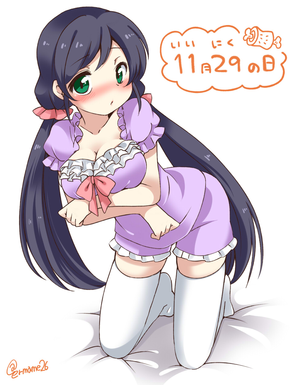 1girl black_eyes blush breast_lift breasts cleavage collarbone crossed_arms dress eromame green_eyes highres kneeling long_hair looking_at_viewer love_live!_school_idol_project purple_dress scrunchie solo thighhighs toujou_nozomi twintails very_long_hair white_legwear
