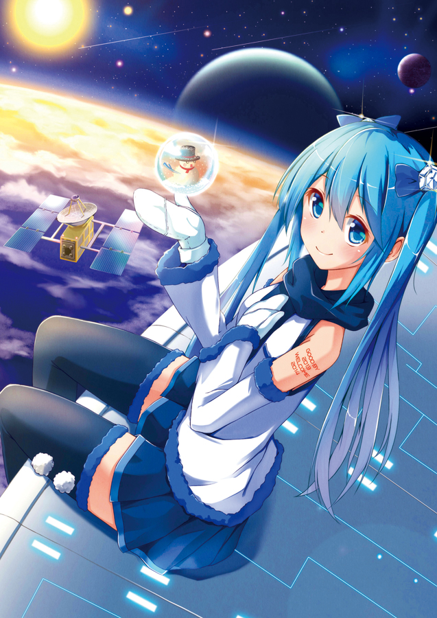 1girl 2013 2014 blue_eyes blue_hair detached_sleeves hand_on_own_chest hatsune_miku long_hair looking_at_viewer mittens ok-ray sitting skirt smile snowman solo spring_onion tattoo thighhighs twintails vocaloid