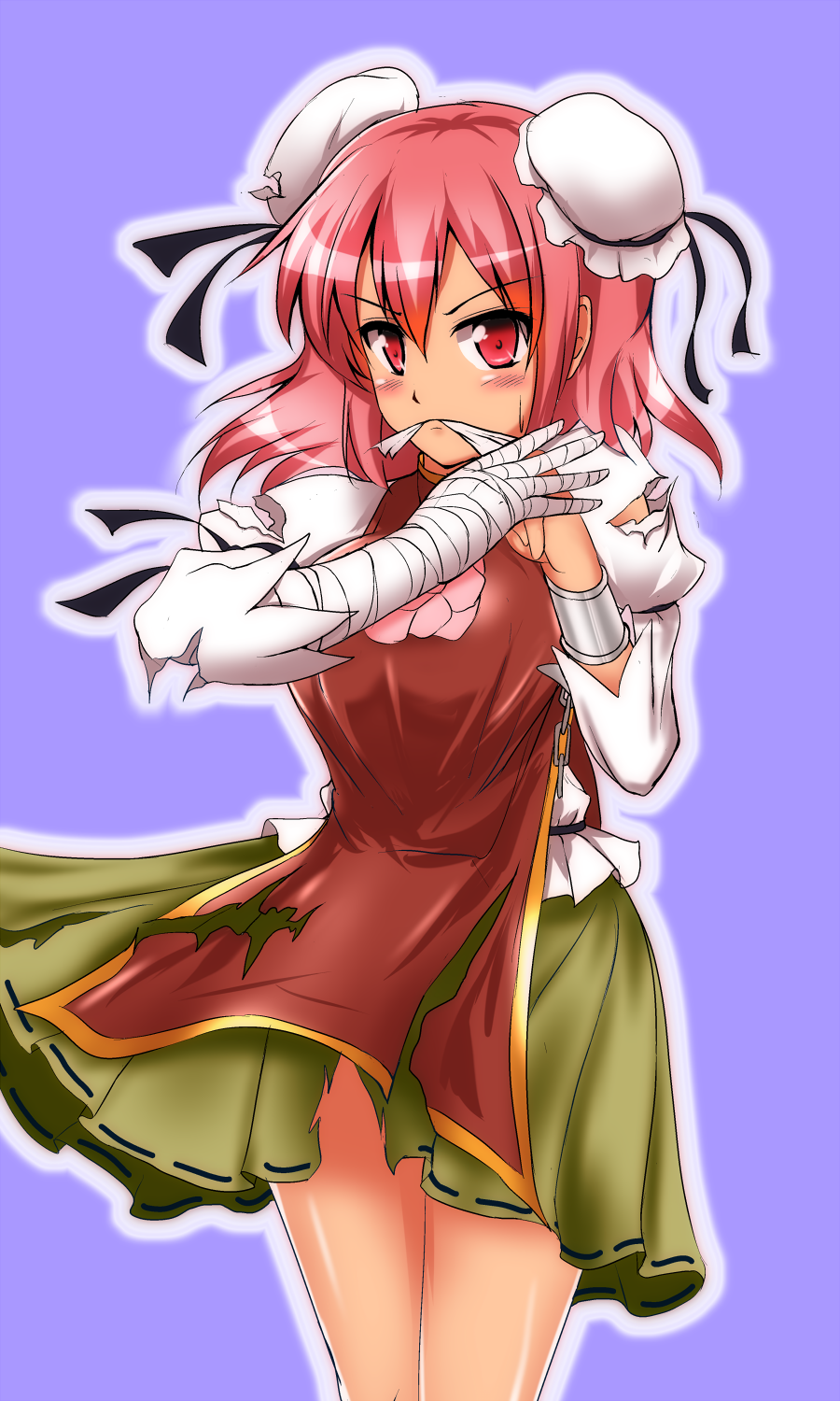 1girl bandages double_bun highres honda_takaharu ibara_riato mouth_hold pink_eyes solo sweatdrop tabard torn_clothes touhou