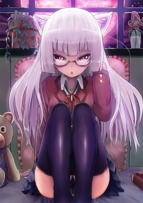 1girl animal_ears blazer book cat_ears flower glass glasses hand_in_hair hime_cut indoors long_hair long_sleeves looking_at_viewer moon night noririn original parted_lips pillow plant potted_plant red_moon school_uniform silver_hair sitting skirt solo stuffed_animal stuffed_toy thigh-highs violet_eyes water window