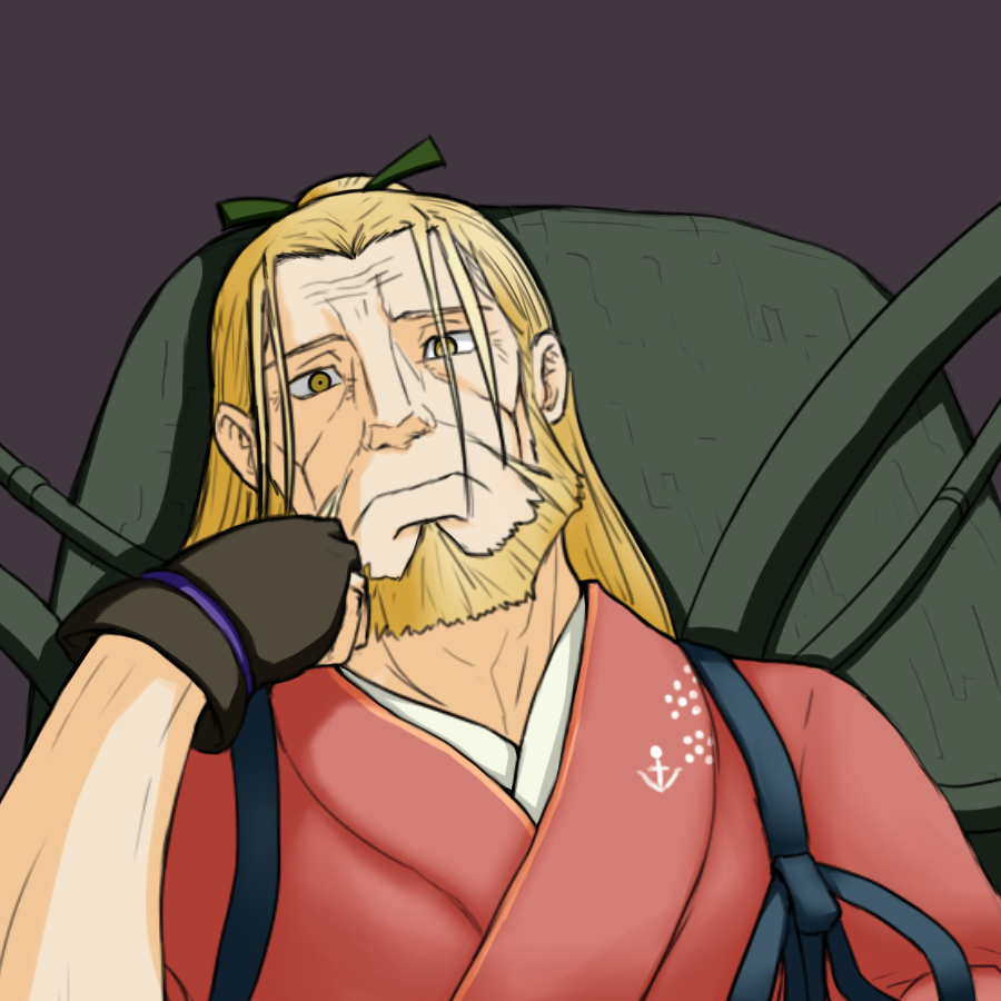 1boy beard blonde_hair commentary_request facial_hair father_(fma) fullmetal_alchemist hamu_koutarou homunculus houshou_(kantai_collection) japanese_clothes kantai_collection long_hair looking_at_viewer ponytail spoilers yellow_eyes