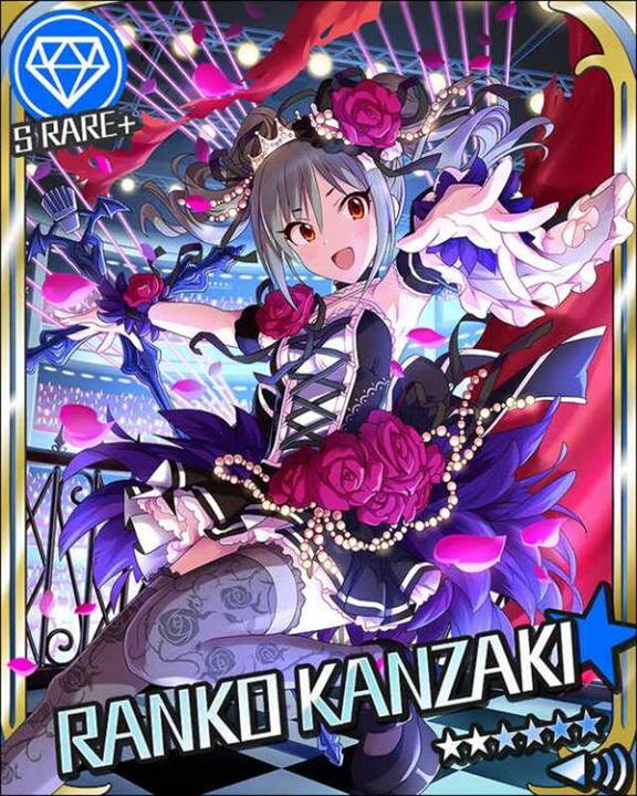 1girl :d audience blush character_name crown diamond_(symbol) dress drill_hair flower idolmaster idolmaster_cinderella_girls kanzaki_ranko official_art open_mouth petals red_eyes rose rose_petals silver_hair skirt smile stage stage_lights thighhighs