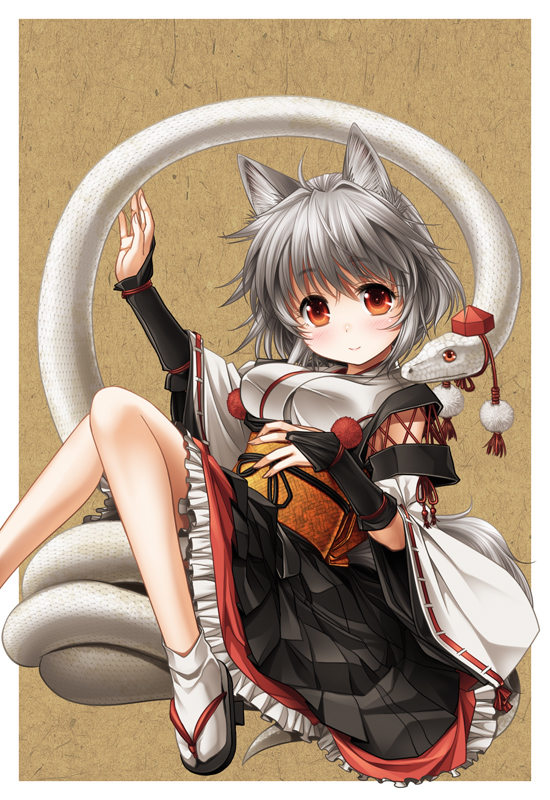 1girl ahoge animal_ears blush breasts bridal_gauntlets detached_sleeves geta hat inubashiri_momiji kei_kei kourindou_tengu_costume red_eyes short_hair silver_hair smile snake solo tail tengu-geta tokin_hat touhou white_snake wolf_ears wolf_tail