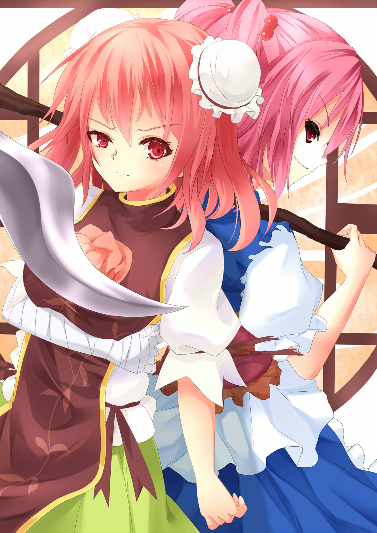 2girls abara_(artist) back-to-back bandages blouse breast_rest breasts double_bun flower frown hair_bobbles hair_ornament highres ibaraki_kasen looking_at_viewer multiple_girls onozuka_komachi pink_hair pink_rose puffy_short_sleeves puffy_sleeves red_eyes redhead rose scythe short_hair short_sleeves side_glance smile tabard touhou twintails