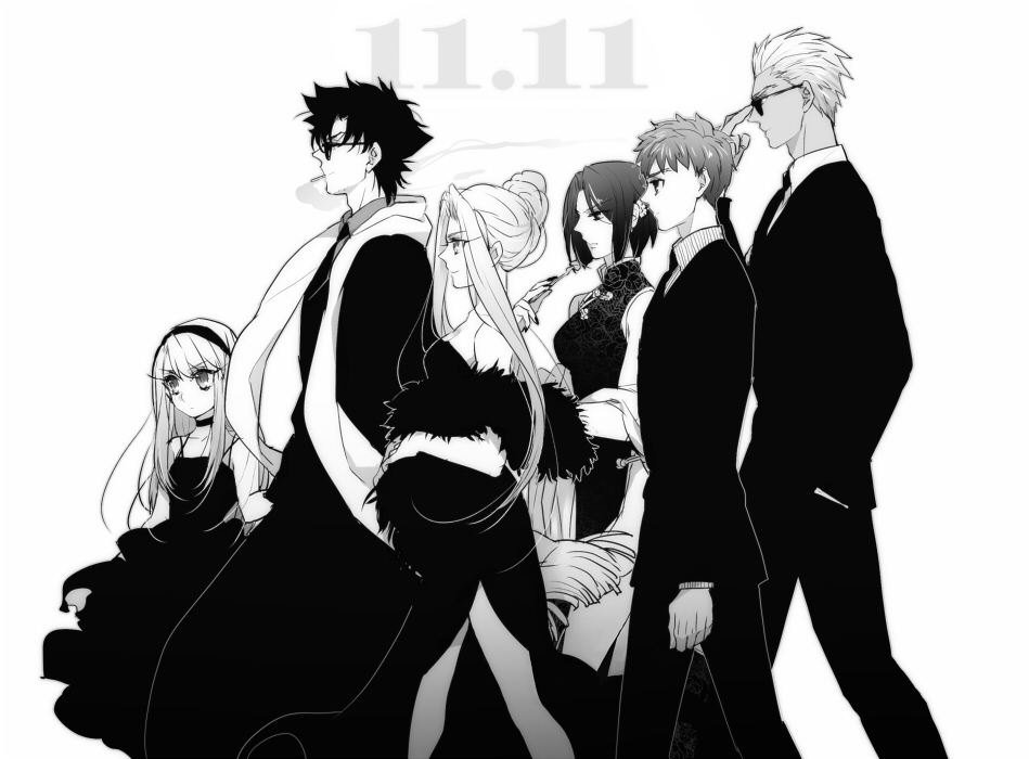 3boys 3girls archer dated emiya_kiritsugu fate/zero fate_(series) greyscale hair_up hisau_maiya illyasviel_von_einzbern irisviel_von_einzbern monochrome multiple_boys multiple_girls pinki_(shounenkakuseiya) scarf