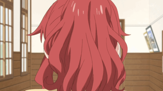 1girl :&gt; ^_^ animated animated_gif blush closed_eyes enomoto_yuiko love_lab necktie open_mouth ponytail red_eyes red_hair redhead school_uniform screencap smile solo wavy_hair window