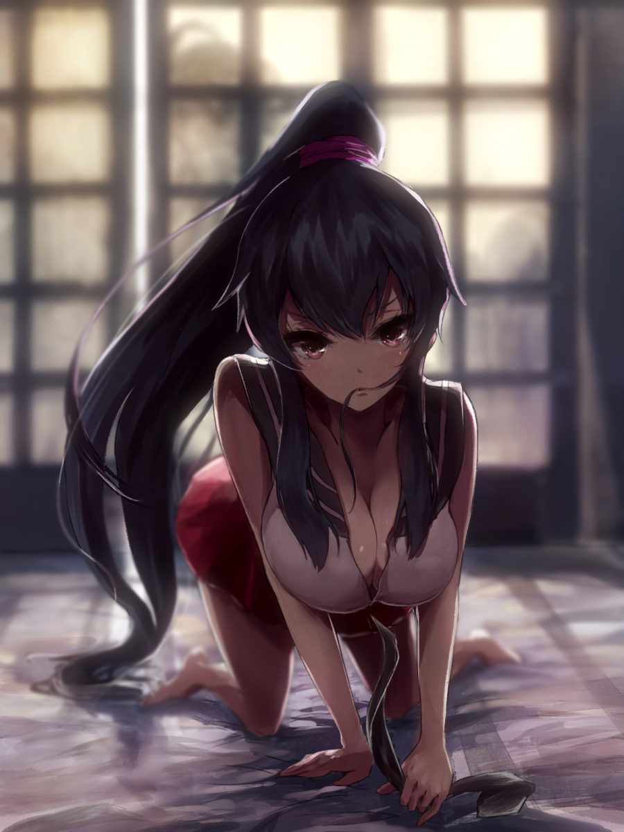 1girl all_fours bare_shoulders barefoot black_hair blush breasts cleavage hair_in_mouth highres kantai_collection large_breasts long_hair looking_at_viewer mouth_hold open_mouth ponytail red_eyes skirt solo undressing yahagi_(kantai_collection)