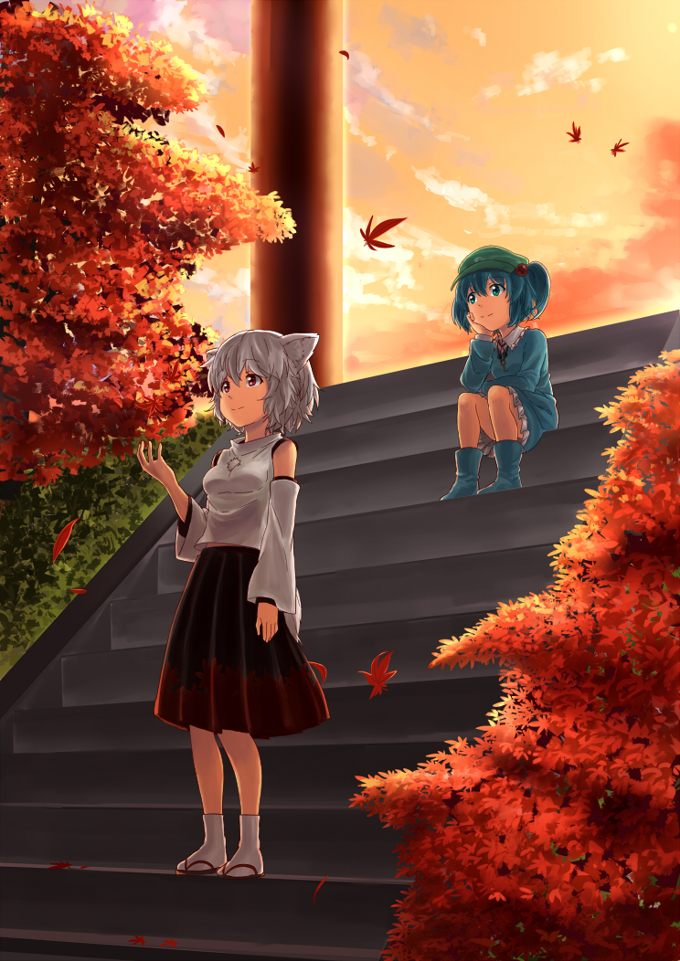 2girls animal_ears arm_rest autumn_leaves blue_eyes blue_hair breasts detached_sleeves dress facing_away hair_bobbles hair_ornament hat head_rest kawashiro_nitori key looking_up multiple_girls no_hat omaehadareda-uso raised_hand red_eyes sandals short_hair sitting skirt smile stairs standing sunset tabi tail touhou tree twintails vest white_hair wolf_ears wolf_tail