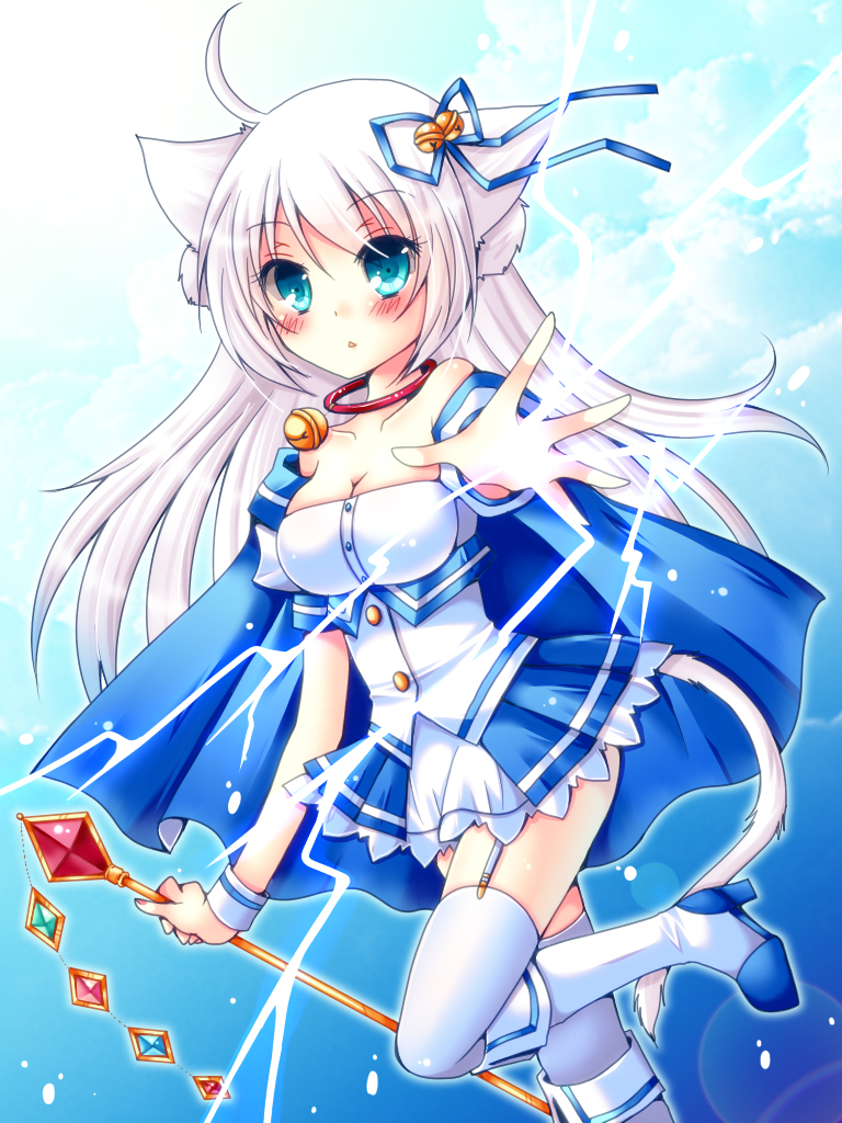 1girl ahoge animal_ears bell blush breasts cat_ears cat_tail hair_ribbon jingle_bell long_hair meiya_neon original pixiv_fantasia pixiv_fantasia_new_world ribbon rito_(meiya_neon) skirt solo tail thighhighs very_long_hair white_legwear