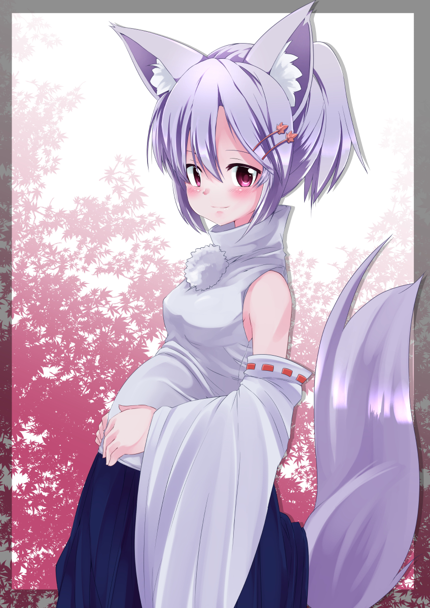 1girl animal_ears blush breasts detached_sleeves hands_on_stomach highres inubashiri_momiji noa_(nagareboshi) pregnant red_eyes short_hair silver_hair smile solo tail touhou wolf_ears wolf_tail