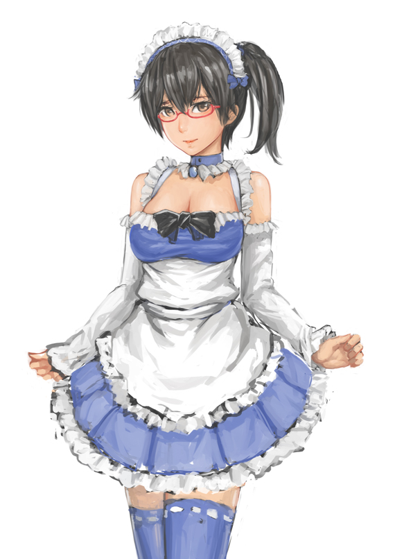 1girl alternate_costume bespectacled blue_legwear breasts brooch brown_eyes brown_hair choker cleavage detached_sleeves dress enmaided glasses jewelry kaga_(kantai_collection) kantai_collection lips maid red-frame_glasses short_hair side_ponytail smile solo sturmjager thighhighs