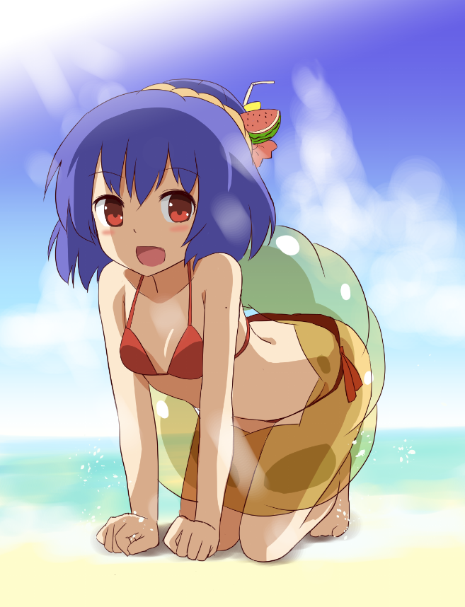 1girl all_fours alternate_costume beach bikini food fruit hair_ornament leaf_hair_ornament open_mouth purple_hair red_eyes rope shimenawa short_hair smile solo swim_ring swimsuit taishi_(moriverine) touhou watermelon yasaka_kanako