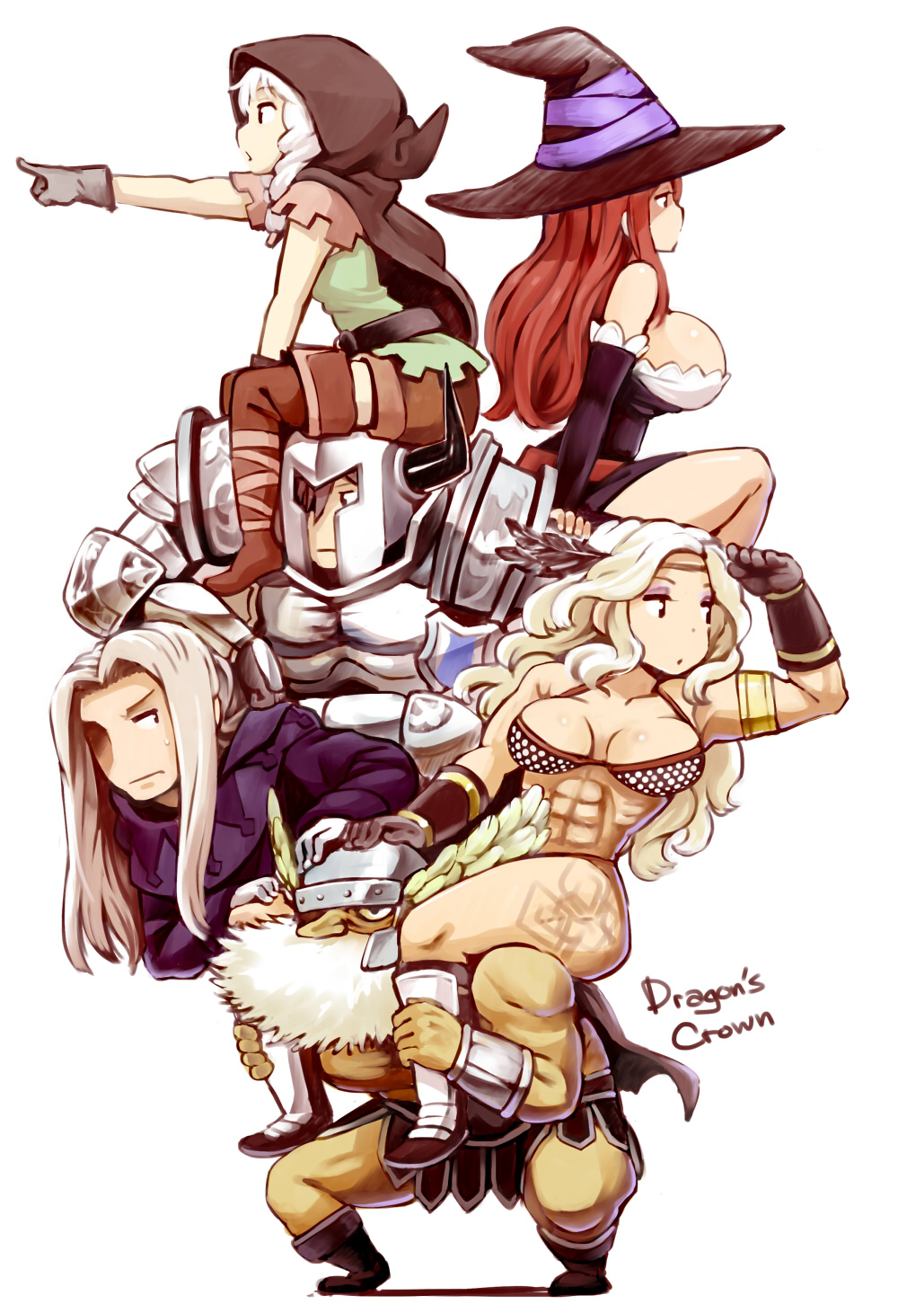3boys 3girls amazon_(dragon's_crown) armor bare_shoulders beard blonde_hair boots braid breasts brown_eyes brown_hair cleavage detached_sleeves dragon's_crown dwarf_(dragon's_crown) elf elf_(dragon's_crown) facial_hair fighter_(dragon's_crown) gloves hair_over_one_eye hat helmet highres hood huge_breasts large_breasts long_hair multiple_boys multiple_girls muscle nagian open_mouth piggyback pointing pointy_ears shorts sorceress_(dragon's_crown) sweatdrop thigh-highs thigh_boots twin_braids white_hair winged_helmet witch_hat wizard_(dragon's_crown)