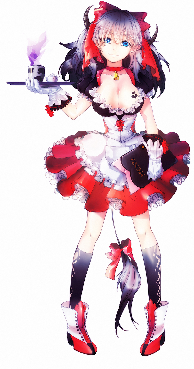 1girl artist_request bell bell_collar black_hair boots bow breasts cleavage collar dress gradient_hair hair_bow highres horns menu multicolored_hair panties socks tail tray waitress white_hair
