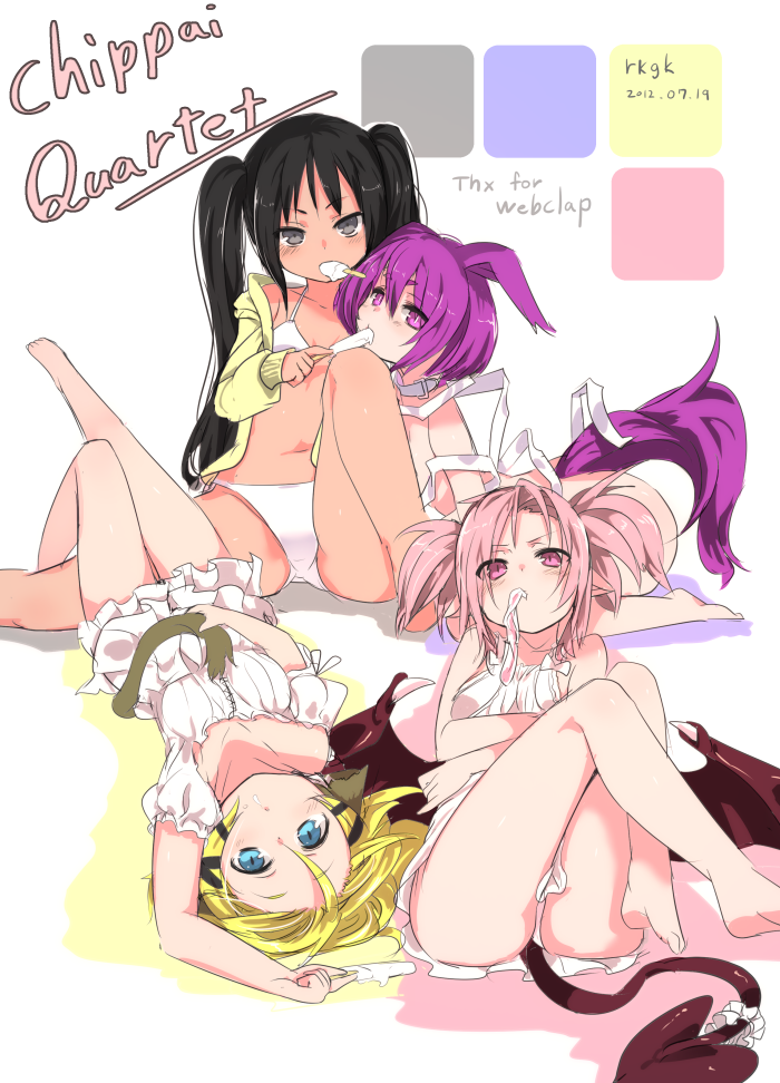 4girls animal_ears ass azrael_(shirow) bandages bare_legs bare_shoulders barefoot bikini black_eyes black_hair blonde_hair blue_hair dated demon_tail dress looking_at_viewer low_wings lying mouth_hold multiple_girls original pink_eyes pink_hair pointy_ears popsicle purple_hair shirow_(crazy) short_twintails sitting small_breasts swimsuit tail twintails violet_eyes white_bikini white_dress white_swimsuit wings
