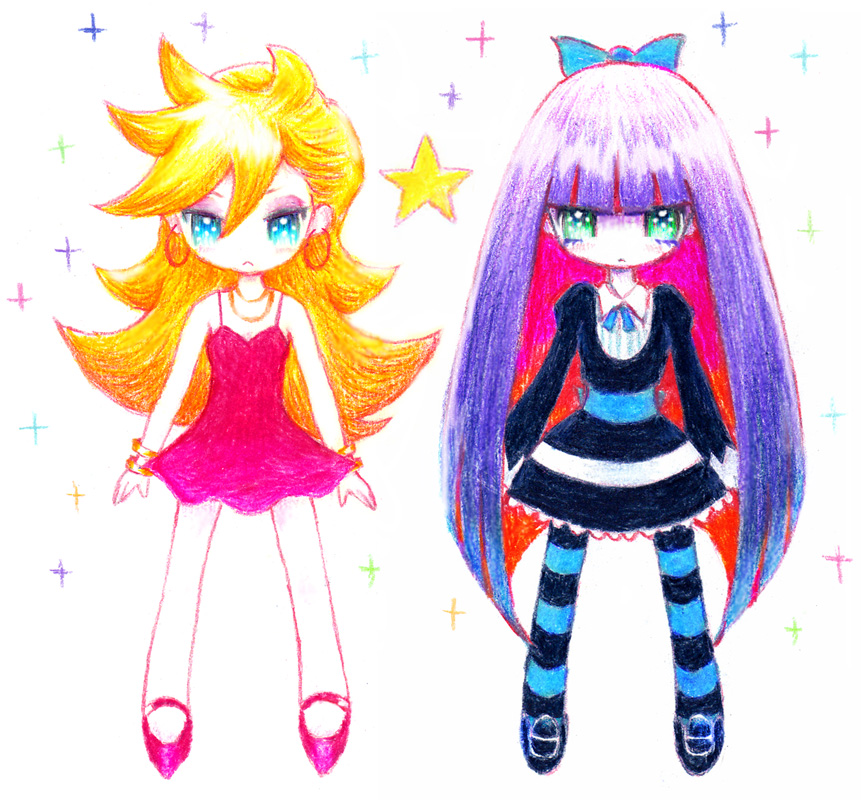 2girls blonde_hair bow colored_pencil_(medium) dress earrings hair_bow jewelry leica long_hair multicolored_hair multiple_girls panty_&amp;_stocking_with_garterbelt panty_(psg) star stocking_(psg) striped striped_legwear traditional_media two-tone_hair