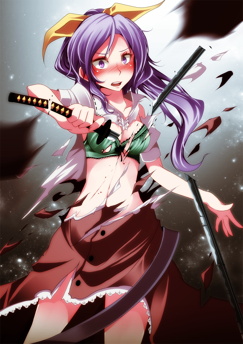 1girl blush bra breasts broken broken_sword broken_weapon cleavage green_bra hair_ribbon highres katana long_hair midriff purple_hair ribbon s-syogo shocked_eyes short_sleeves skirt solo sword torn_bra torn_clothes torn_shirt torn_skirt touhou underwear violet_eyes watatsuki_no_yorihime weapon