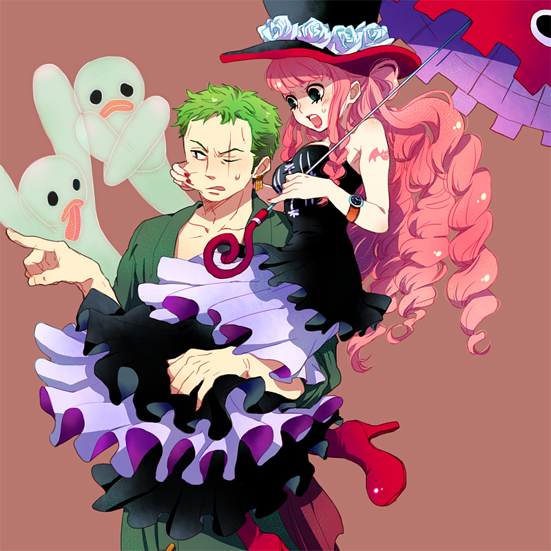 1boy 1girl black_dress black_eyes blush boots couple dress earrings ghost green_clothes green_eyes green_hair guttary hetero high_heels japanese_clothes jewelry long_hair one_piece open_mouth perona pink_hair roronoa_zoro short_hair simple_background umbrella