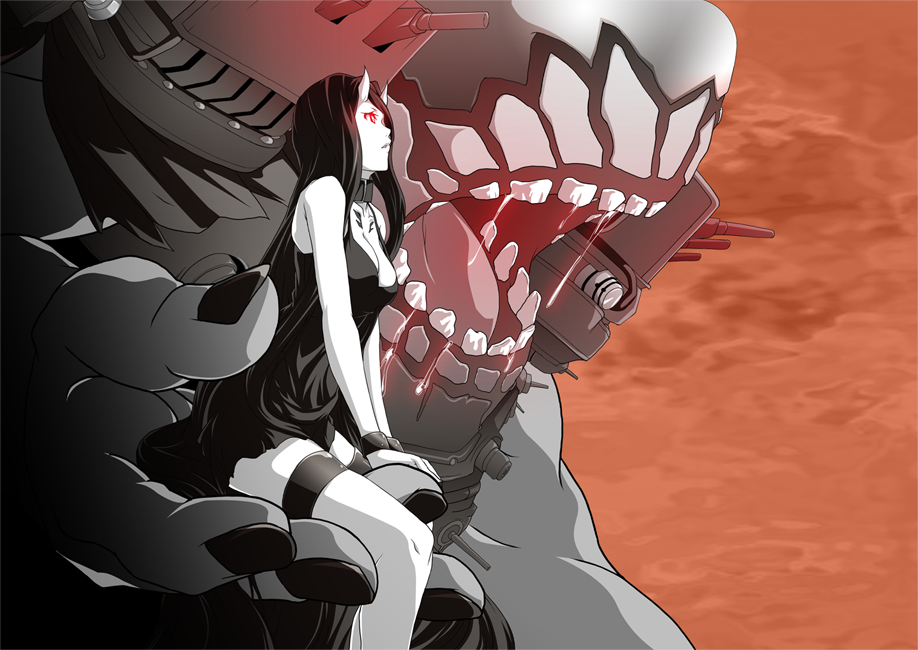 1girl battleship-symbiotic_hime black_hair bracelet breasts cleavage giant_monster glowing glowing_eyes jewelry kantai_collection long_hair machinery monster oni_horns open_mouth pale_skin personification red_eyes saliva shinkaisei-kan turret yume_developing